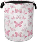 Pink Butterfly Laundry Basket Collapsible Laundry Hamper Clothes Toy Storage Bin for Bathroom Bedroom Room Decor 16" X 20.8"
