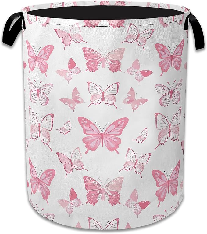 Pink Butterfly Laundry Basket Collapsible Laundry Hamper Clothes Toy Storage Bin for Bathroom Bedroom Room Decor 16" X 20.8"