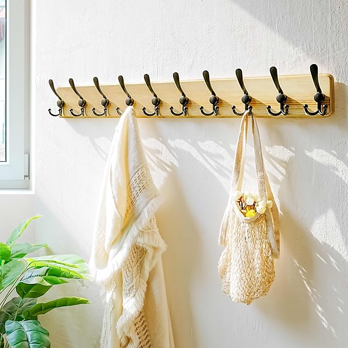 Dseap Coat Rack Wall - Heavy-Duty 38-1/4" Long, with Reinforced 10 Custom Tri-Hooks, Solid Wood Wall Hanger for Coats Hat Jac