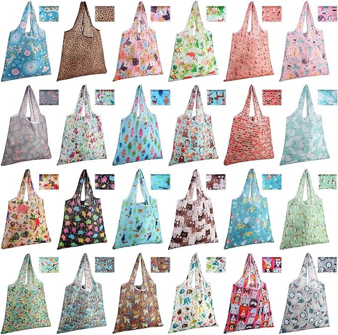 Eccliy 24 Pieces Reusable Grocery Bags Polyester Shopping Bags for Groceries Multi Colors Reusable Foldable Shopping Tote(Animal Style)