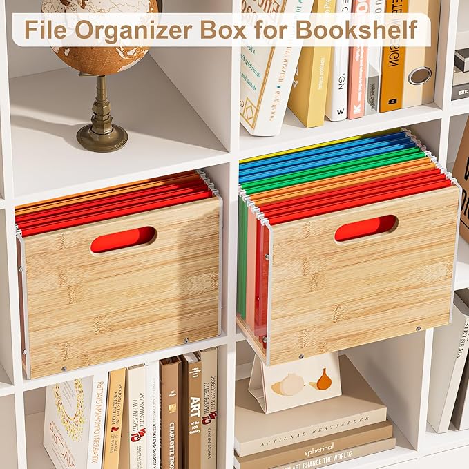 Sbanmao 3 Pack Hanging File Organizer, Clear Acrylic File Box Organizer, Bamboo Filing Box File Crate Organizer Storage Boxes