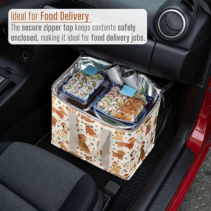 VENO 2 Pack Insulated Cooler Bag for Food Delivery, Reusable Grocery Shopping Bag, Heavy Duty, Large Size, Durable Handles, Double Zippers, Lid, Collapsible (Holiday Pups, 2 Pack)