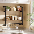 2 Tier Industrial Pipe Shelving, 24" Kitchen Shelves Wall Mounted with 6 Hooks, Coffee Bar Shelves Display Bookshelf Wall She