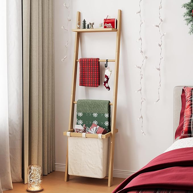 63" Bamboo Blanket Ladder with Shelf, Fabric Basket and 5 Hooks, 4 Tier Leaning Blanket Rack, Farmhouse Towel Ladder Rack, De