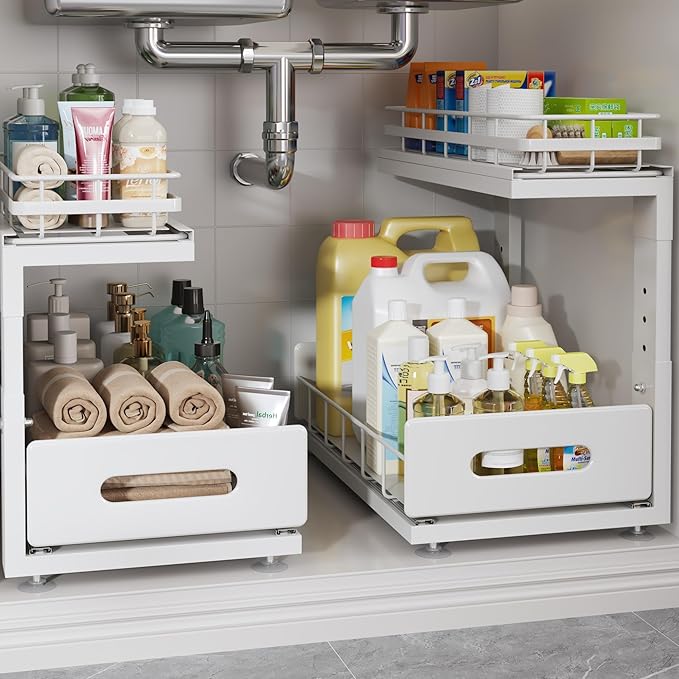Under Sink Organizer Upgrade To Professional Rails,2-Tier Dual Pull Out Cabinet Storage,Height Adjustable Slide Out Drawers F