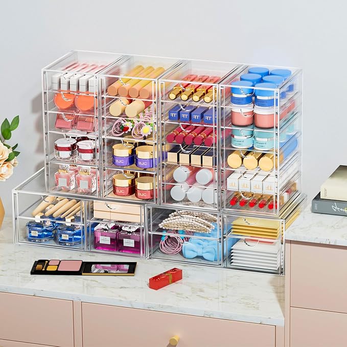 2 Pack Desk Organizers, Makeup Organizer Storage with 7 Drawers, Desktop Office Supplies, Clear Desk Accessories, Dustproof D