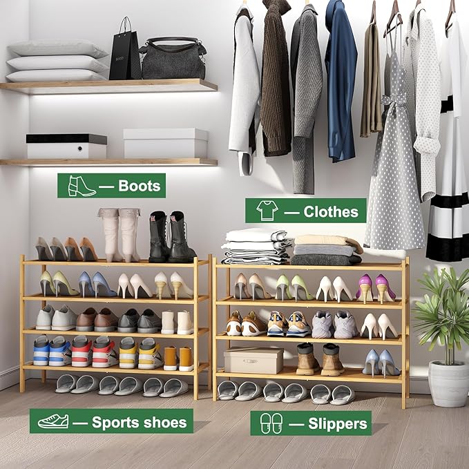 kiplant Long Shoe Rack, 4-Tier Bamboo Wood Shoe Rack, Stackable for Closet, Entryway & Hallway