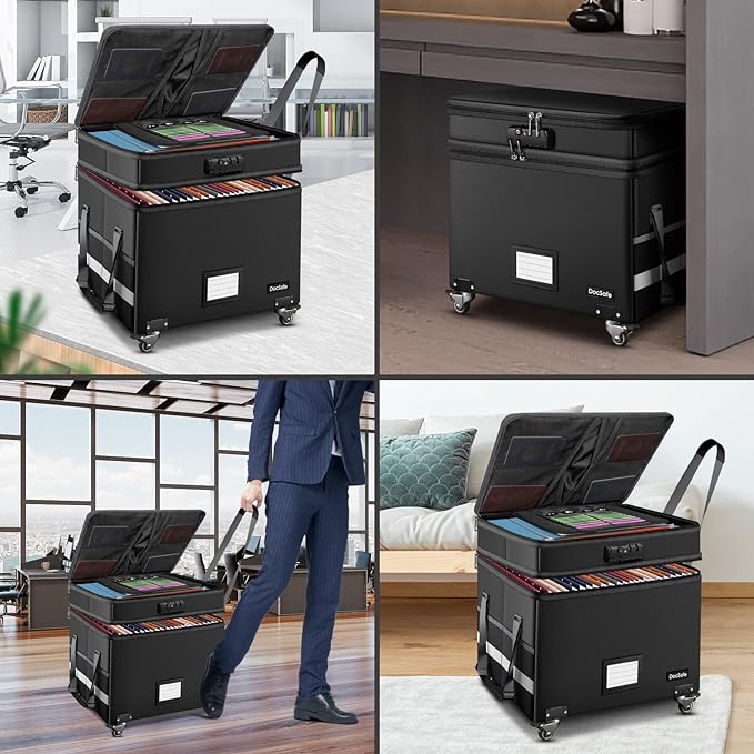 DocSafe Fireproof Document Box with Lock,2-Layer File Box with Wheels,Collapsible File Storage Organizer with Pockets,Large P