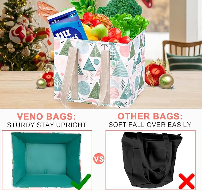 VENO 3 Pack Reusable Grocery Bags, Shopping Bags for Groceries, Tote with Handles and Hard Bottom, Foldable Shopping Cart Organizer, Water Resistant, Heavy-Duty (Pastel Forest, 6 Gallon)