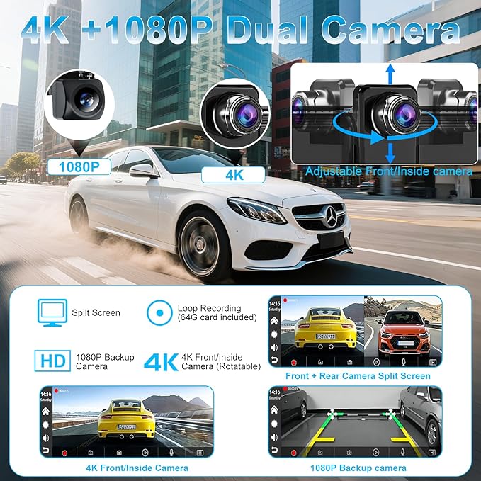 Carplay Screen for Car,10.26" HD Car Stereo for Apple Carplay & Android Auto -with Rotatable 4K Dash Cam & HD Backup Camera, 