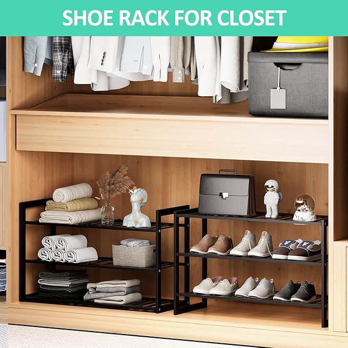 Jripae Bamboo Shoe Rack for Entryway, Stackable 3 Tier Shoe Organizer Shelf Storage 9-12 Pairs Shoes Stand Cubby for Closet D