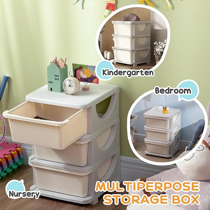 Qaba 3 Tier Kids Storage Unit, Toy Organizers and Storage with 3 Drawer Chest for Kids Bedroom Nursery Kindergarten Living Ro