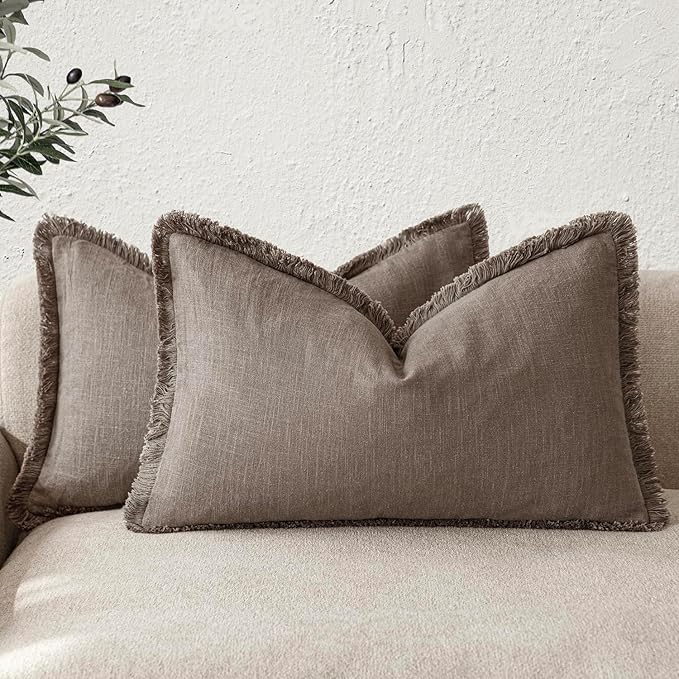 Foindtower Set of 2 Decorative Linen Fringe Lumbar Throw Pillow Covers Boho Farmhouse Cushion Cover with Tassels Accent Pillo