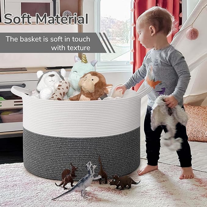 INDRESSME 115L Extra Large Cotton Rope Blanket Basket, Woven Baby Laundry Baskets for Clothes Pillows Towel, Toy Baksets for 