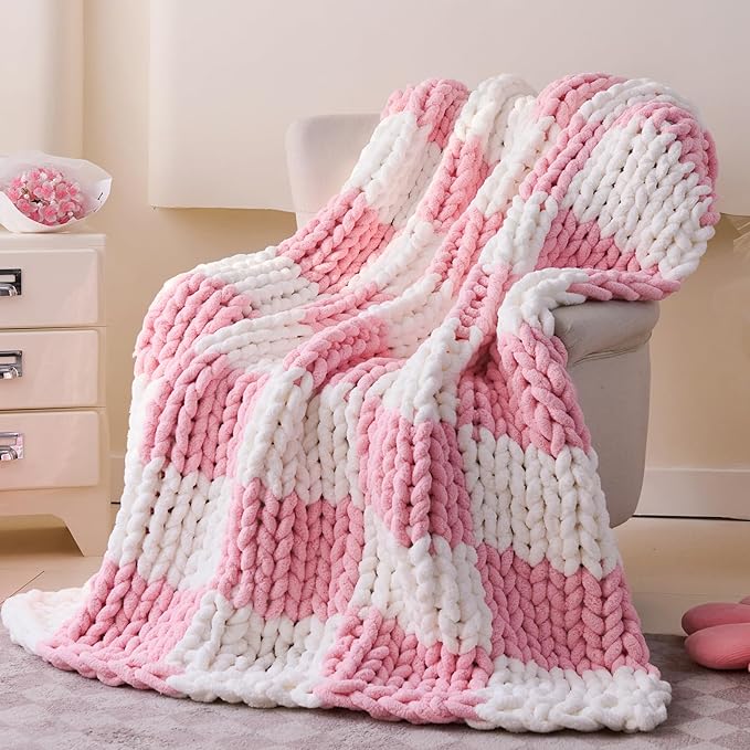 Admitrack Chunky Knit Blanket Throw 51"x63", 100% Hand Knit Chenille Throw Blanket for Sofa & Home Decor, Soft and Cozy Knitt