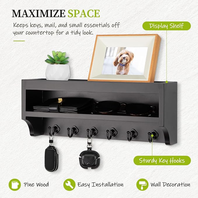 Nekon Key Holder Wall Mount, 12.8" W x 5.6" H x 3.7" D Wall Mounted Key and Mail Organizer with 6 Key Hooks, Key Racks for Ho