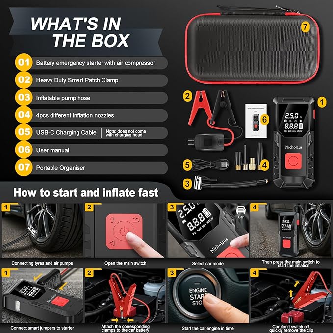 12 V Car 8000 mAh Battery Jump Starter 2800A with 150psI Air Compressor, Compact and Practical Edition QB08L Safe Smart,
