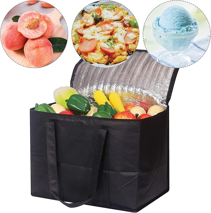 Set of 2 Large Insulated Reusable Grocery Bags with Sturdy Zipper and Handles, Foldable Washable Heavy Duty Cooler Totes for Hot or Cold Food Delivery, Groceries, Travel, Shopping