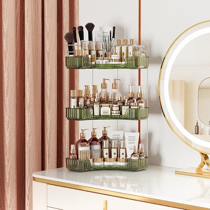 Asayuee 3-Tier Corner Bathroom Counter Organizer with Top Toothbrush Holders,Large Makeup Organizer Countertop with Brush Hol