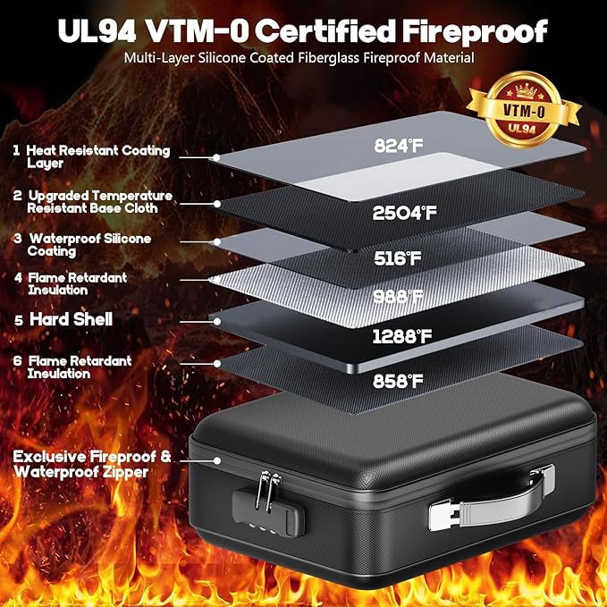 Fireproof Document Box, Hard Case Highly Flame-Resistant Fire Proof Waterproof File Organizer with Lock, Portable Fire Safe f