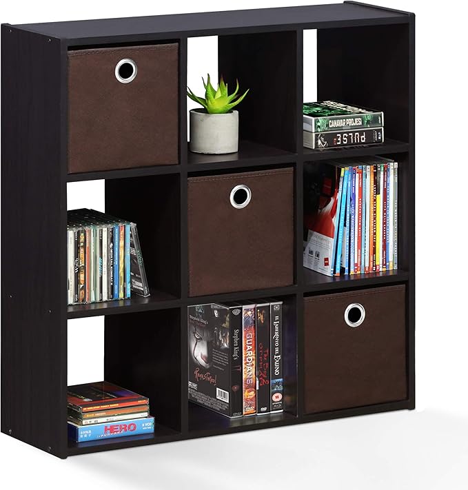 Furinno Simplistic 9-Cube Organizer with Bins, Small Size (Assembled Unit Dimensions : 7.9"D x 26.5"W x 26.7"H Inches), Dark 