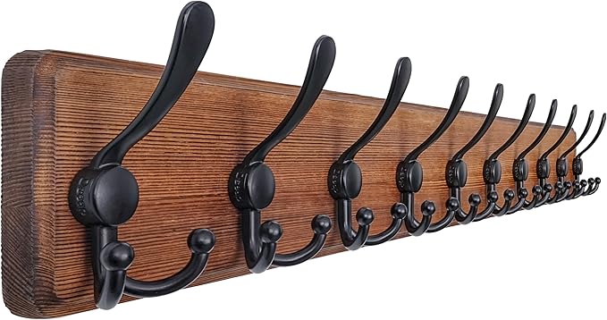 Dseap Coat Rack Wall - Heavy-Duty 38-1/4" Long, with Reinforced 10 Custom Tri-Hooks, Solid Wood Wall Hanger for Coats Hat Jac