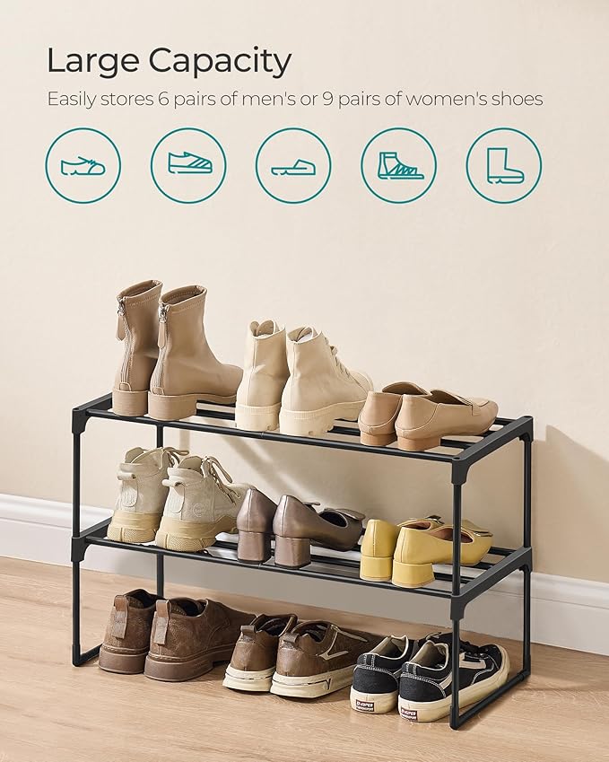 SONGMICS Shoe Rack, 2-Tier Shoe Organizer, Metal Storage Shelf, Upright or Upside Down, for 6-9 Pairs, Stackable, for Entrywa
