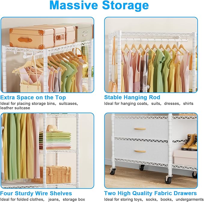 Ulif F3R Heavy Duty Clothes Rack（With Lockable Wheels）Freestanding Clothing Racks for Hanging Clothes，Adjustable Closet Organ
