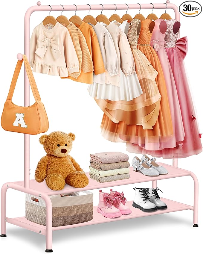 mirolam Kids Clothing Rack - Dress Up Storage - Dress Up Rack for Little Girls - Small Kids Costume Wardrobe with 2 Fabric Sh