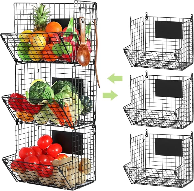 X-cosrack Metal Wire Basket Wall Mount, 3 Tier Wall Storage Basket Organizer with Hanging Hooks Chalkboards, Rustic Kitchen F