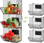 X-cosrack Metal Wire Basket Wall Mount, 3 Tier Wall Storage Basket Organizer with Hanging Hooks Chalkboards, Rustic Kitchen F