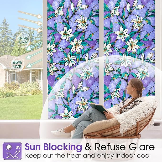 Coavas Decorative Window Privacy Film, Heat Control Sun Blocking Stained Glass Window Film, Floral Design Static Cling, Non Adhesive Windows Tint for Bathroom Front Door(Vinyl, 29.5" x 78.7 ")