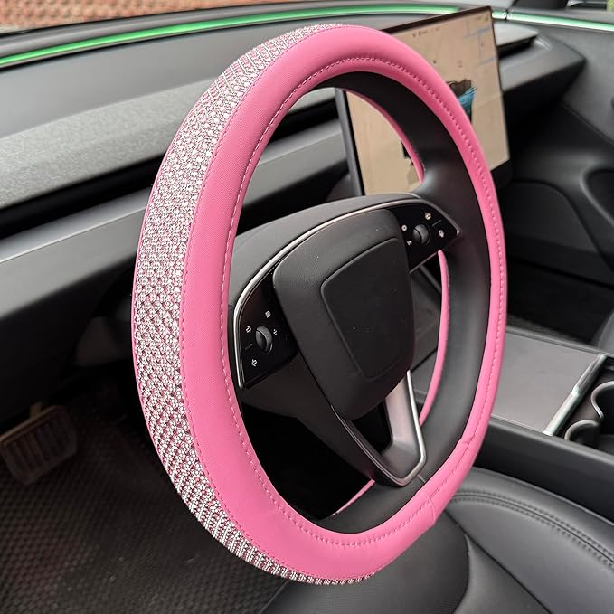 PINCTROT D Shaped Bling Comfy Steering Wheel Cover with Jumbo Crystal Rhinestones, Anti-Slip Diamond Leather, Flat Bottom 14.5-15 Inch (All Pink)