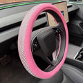 PINCTROT D Shaped Bling Comfy Steering Wheel Cover with Jumbo Crystal Rhinestones, Anti-Slip Diamond Leather, Flat Bottom 14.5-15 Inch (All Pink)