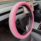 PINCTROT D Shaped Bling Comfy Steering Wheel Cover with Jumbo Crystal Rhinestones, Anti-Slip Diamond Leather, Flat Bottom 14.5-15 Inch (All Pink)