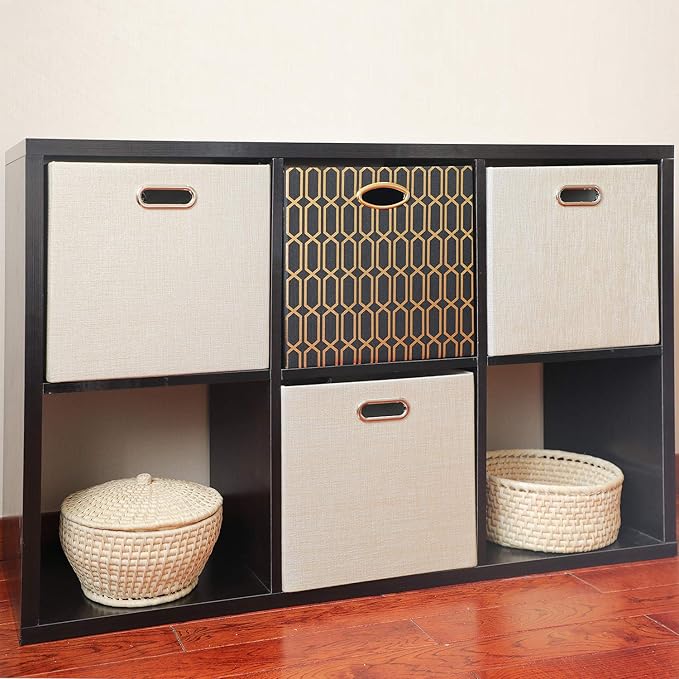 Posprica Storage Bins, Storage Cubes,13×13 Fabric Drawers Organizer Basket Boxes Containers (13×13×13/4pcs, Black/gold geomet
