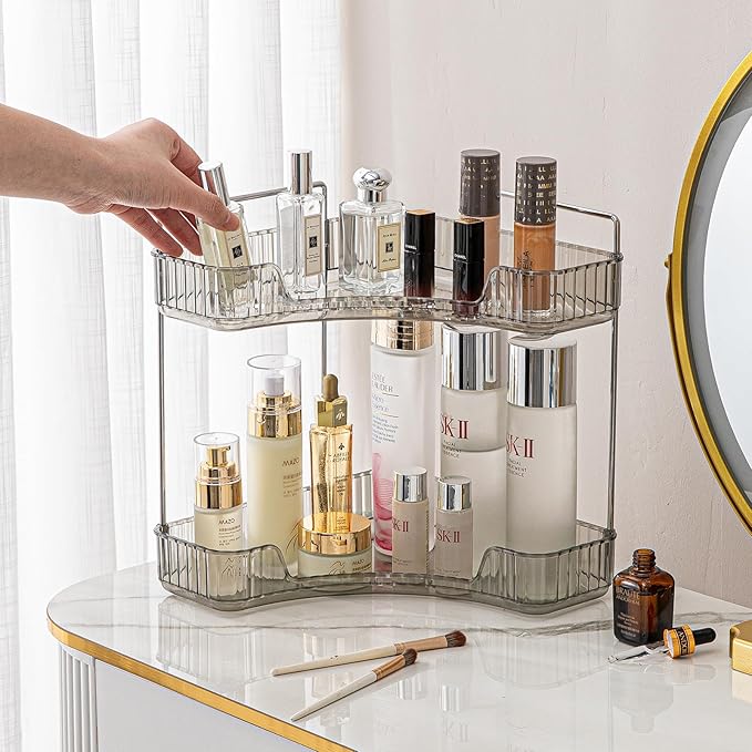 shuang qing 2-Tier Corner Bathroom Counter Organizer – Classic Storage Shelf for Makeup, Perfume & Toiletries, Space-Saving C