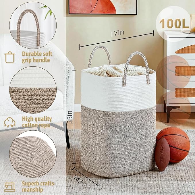 Laundry Basket,Woven Cotton Rope Laundry Hamper,Versatile Storage for Dirty Clothes,Baby Toys,and Blankets in Bathroom, Nurse
