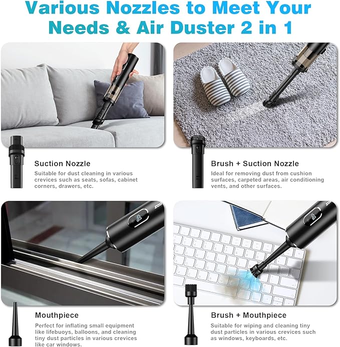 Car Vacuum, Handheld Vacuum Cordless with 14000PA Powerful Suction with LED Light, Air Duster 2-in-1,Low Noise Rechargeable P