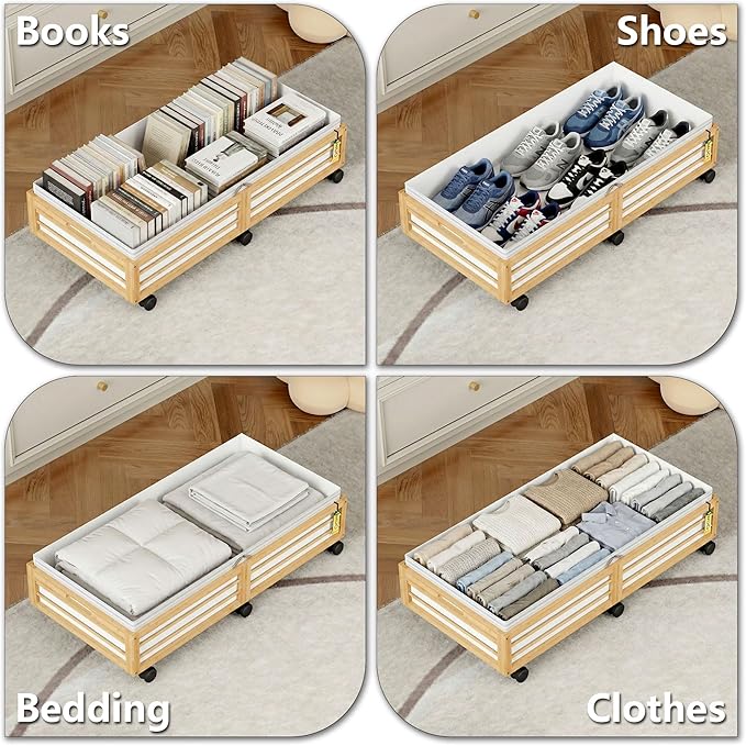 Under Bed Storage Containers with Wheels, Larger Bamboo Wood Under Furniture Storage Containers with Dust Bags，Rolling for Sh