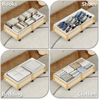 Under Bed Storage Containers with Wheels, Larger Bamboo Wood Under Furniture Storage Containers with Dust Bags，Rolling for Sh