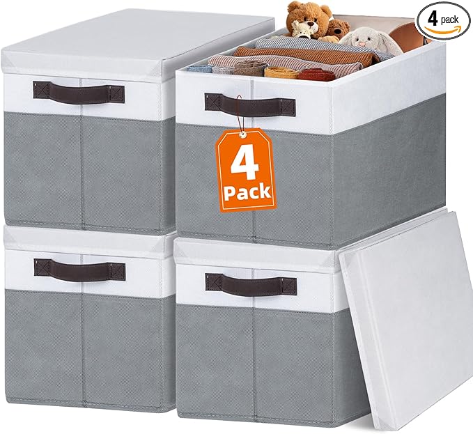 Extra Large Storage Baskets with Lids 4 Pack, 33 QT Throw Blanket Basket for Living Room - Stackable Decorative Closet Shelf 