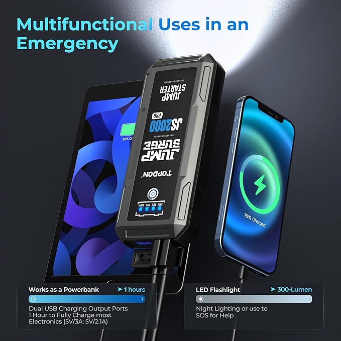 Car Battery Jump Starter, TOPDON 2000A Peak Jump Starter for Up to 8L Gas/6L Diesel Engines, 12V Portable Battery Booster