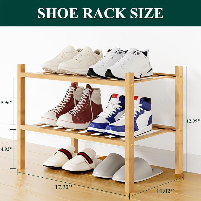 Smiry Shoe Rack, 2 Tier Small Bamboo Shoe Organizer, Stackable Free Standing Wooden Shoe Storage Shelf for Closet, Entryway, 