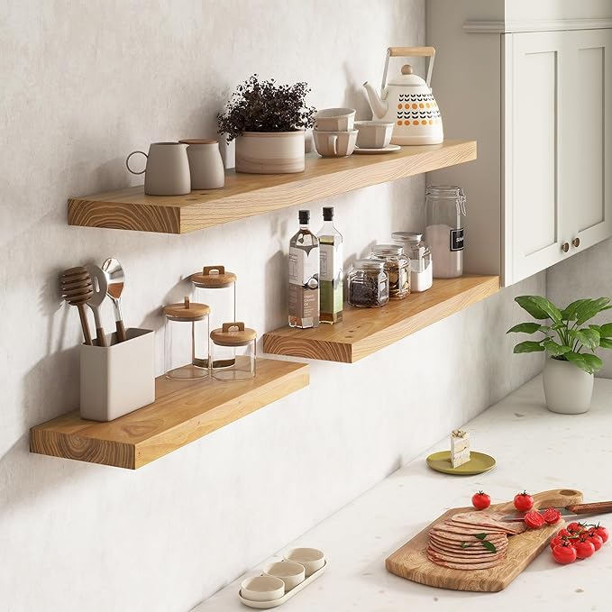 Elm Floating Shelves for Wall Decor, Rustic Solid Wood Shevles Wall Mounted with Invisible Bracket for Living Room Bathroom B