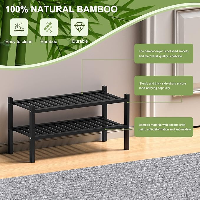ROMGUAR CRAFT 2 Tier (Thick) Bamboo Shoe Rack for Closet Free Standing Wood Shoe Shelf for Entryway Small Space Stackable 27"