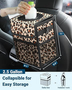 Capolo Car Trash Can with Lid, Leakproof Car Trash Bag Hanging Waterproof Automotive Garbage Can with Storage Pockets Mini Vehicle Trash Bin for Back/Front Seat(Leopard,2.5 Gallon)
