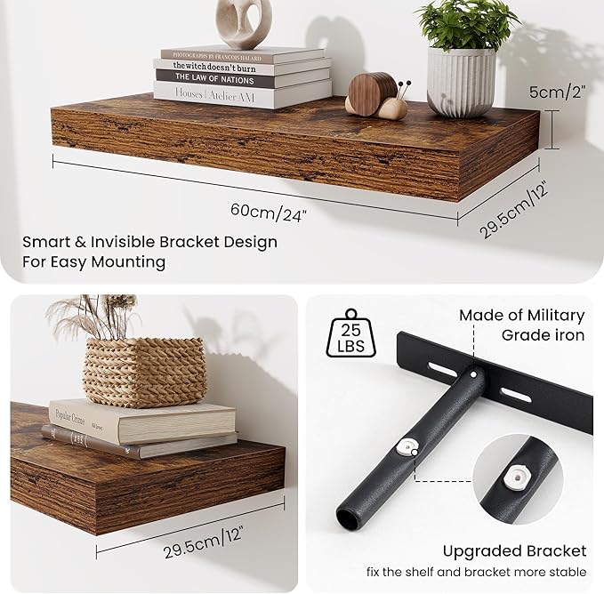 Fun Memories 24 Inch Floating Shelves Wall-Mounted, 12 Inch Deep Wall Shelves, 24 x 12 Floating Shelf, Deep Storage Shelf for