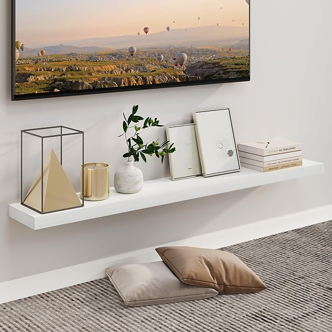 Fun Memories 55 Inch Fireplace Mantel - Long Floating Shelf, Wall Mounted Farmhouse Display with Invisible Heavy Duty Metal B