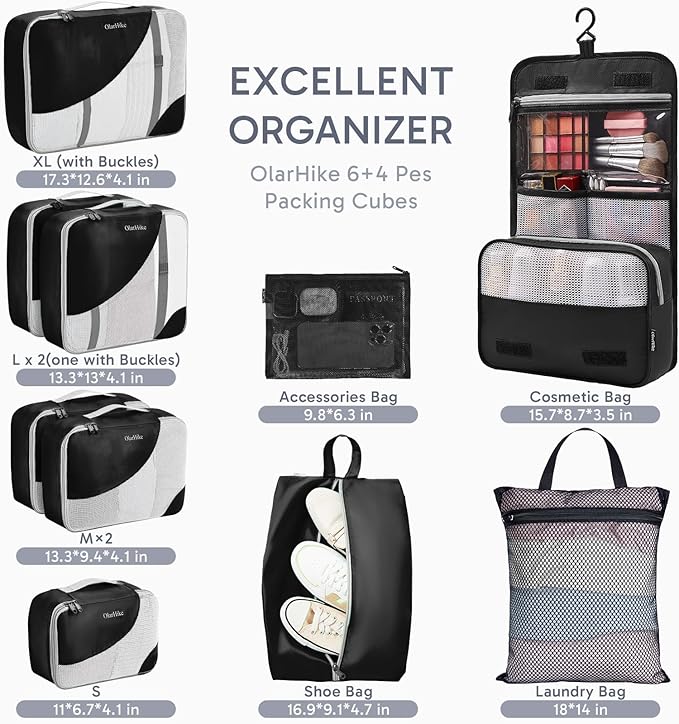 10 Set Packing Cubes for Travel, Gifts for Women Mom,Anti-Tearing Suitcase Organizer for Luggage with Shoe & Hanging Toiletry